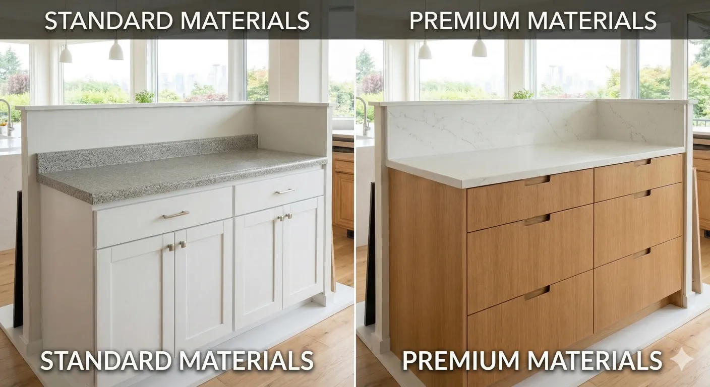 Close-up comparison of standard white cabinets versus premium custom wood cabinets.